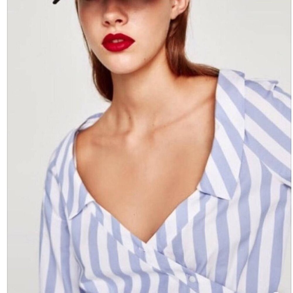 Zara Striped Wrap Blouse with Belt in Blue and White Size XS NEW WITHOUT TAG! - Picture 2 of 7